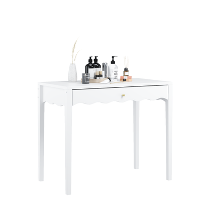 White 35.43inch  Vanity Desk with Drawer ¨C Modern Makeup Table with Scalloped Front & Gold Knob, Compact Writing Desk with 4 Sturdy Legs for Bedroom, Small Home Office & Apartment Spaces