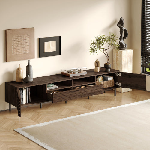 78.7 inch Dark Brown Slatted TV Stand Heavy Iron Leg Entertainment Center Max 85 Inch TV