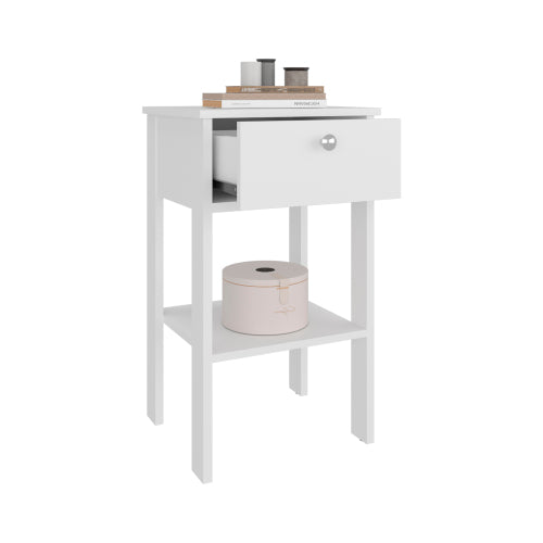 White Modern Nightstand with 1 Drawer & Open Shelf, Compact Bedside End Table