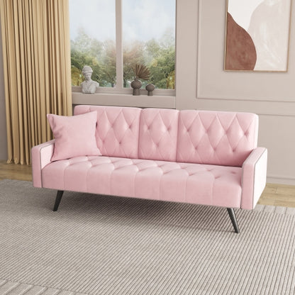 72-Inch Pink Velvet Convertible Sofa-Bed with Nail-Head Trim Dual Cup-Holders for Small-Space Living-Room