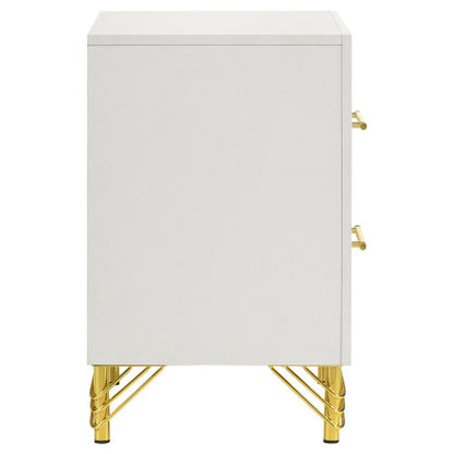 White 2-Drawer Nightstand with Gold Trim, MDF & Melamine