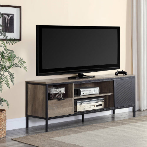 Rustic Oak & Black 55 Inch TV Stand with 1 Drawer & 4 Compartments for 50 Inch TV
