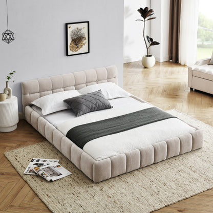 Queen Size Upholstered Bed Frame with Thick Fabric, Chenille Fabric Grounded Queen Size Platform Bed with Headboard and Solid Frame. No Box Spring Needed, Beige(68inch *86.5inch *23.5inch )