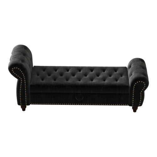 64.5inch  Bed Bench for Bed Room Nails Tufted Chaise of Lounge with Storage Velvet Upholstery Black
