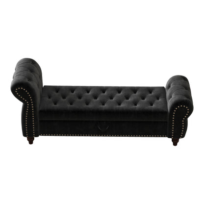 64.5inch  Bed Bench for Bed Room Nails Tufted Chaise of Lounge with Storage Velvet Upholstery Black