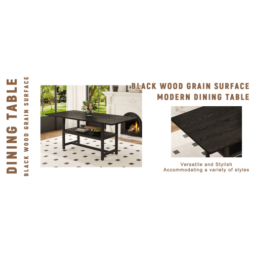 71-Inch Black Wood Grain Dining Table with Storage Shelf