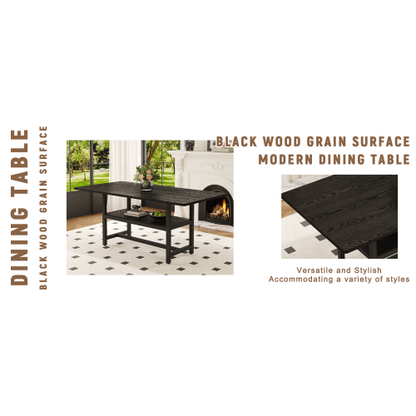71-Inch Black Wood Grain Dining Table with Storage Shelf