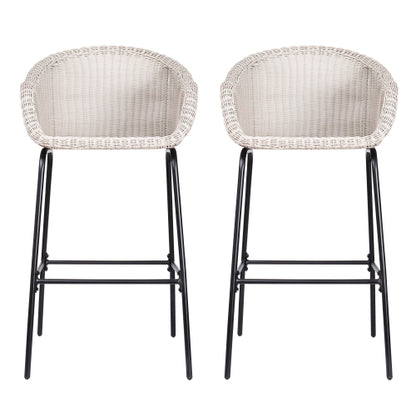 Ladd Outdoor Metal Wicker Barstool, Light Gray Faux Wicker, Set of 2