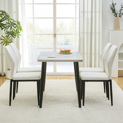 5-Piece White Tempered Glass Dining Set, Marble Texture Table with 4 PU Shell Pattern Dining Chairs