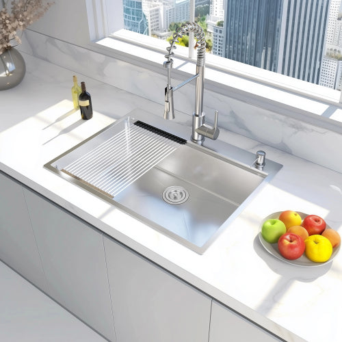 28 x 22 Drop In Stainless Steel Workstation Sink, 28 Inch 18-Gauge Stainless Steel Drop-In Kitchen Sink, Handmade Single Bowl Workstation R10 Rounded Corner kitchen Sink with Accessories