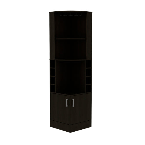 Corner Bar Cabinet, Eight Bottle Cubbies, Double Door, Two Open Shelves -Black