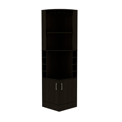 Corner Bar Cabinet, Eight Bottle Cubbies, Double Door, Two Open Shelves -Black