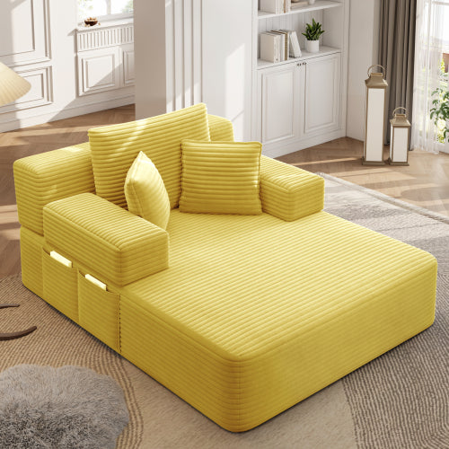 Oversized Yellow Corduroy Convertible Sofa Bed w/Storage Pockets