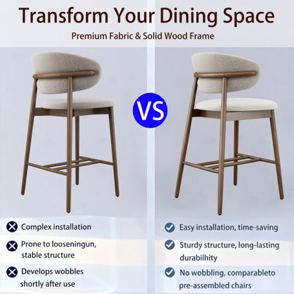 Solid Ash Wood Counter Stools with Upholstered Seats, Set of 2, Walnut