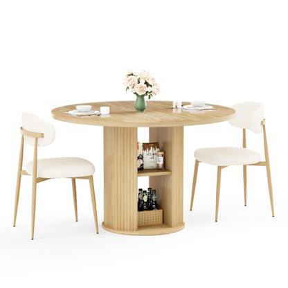 3-Piece Natural Wood Grain Dining Set, 47.2inch  Round Table with Double Shelves & 2 Velvet Chairs