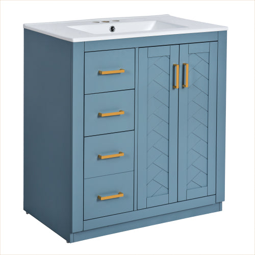 30'' Bathroom Vanity with Ceramic Sink Combo,Solid Wood Frame Bathroom Storage Cabinet, Freestanding Vanity Set with 3 Drawers& Soft Closing Doors