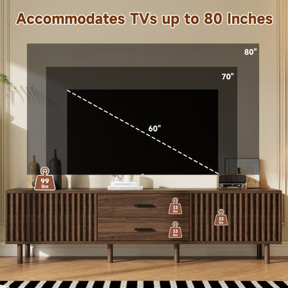 70.8 inch Dark Brown Slatted TV Stand Solid Pine Leg Media Console Fits Up To 80 Inch TV