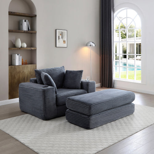 Grey Boneless 3-in-1 Corduroy Chaise Lounge Sofa Bed, 52.4 inch