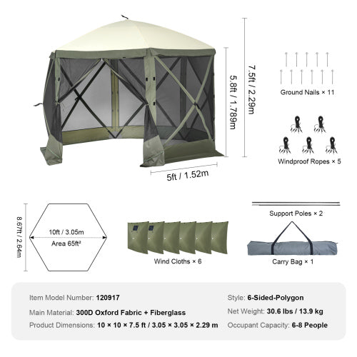Pop Up Gazebo Tent, Pop-Up Screen Tent 6 Sided Canopy Sun Shelter with 6 Removable Privacy Wind Cloths & Mesh Windows, 10x10FT Quick Set Screen Tent with Mosquito Netting, Army Green