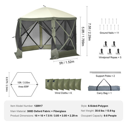 Pop Up Gazebo Tent, Pop-Up Screen Tent 6 Sided Canopy Sun Shelter with 6 Removable Privacy Wind Cloths & Mesh Windows, 10x10FT Quick Set Screen Tent with Mosquito Netting, Army Green