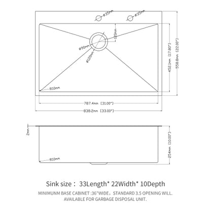 33 x 22 x 10 inch Kitchen Sink Drop In 16 Gauge Stainless Steel 33" Single Bowl Topmount Kitchen Sink Basin