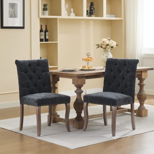 Upholstered Chenille Dining Chair Set of 2, Tufted Accent Chair with Curved Solid Wood Legs, Black