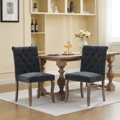 Upholstered Chenille Dining Chair Set of 2, Tufted Accent Chair with Curved Solid Wood Legs, Black