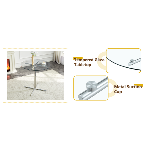 Round glass bar high table, 36 inch round bar table, tempered glass tabletop, sturdy silver chrome plated four column support, suitable for transparent round bar tables in small spaces, kitchens