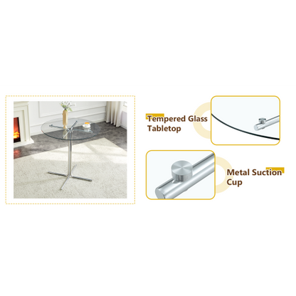 Round glass bar high table, 36 inch round bar table, tempered glass tabletop, sturdy silver chrome plated four column support, suitable for transparent round bar tables in small spaces, kitchens