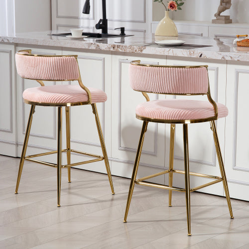 (SET of 2) 26inch  Counter height bar stools Corduroy kitchen island counter bar stool with back,golden chromed base and footrest (PINK)