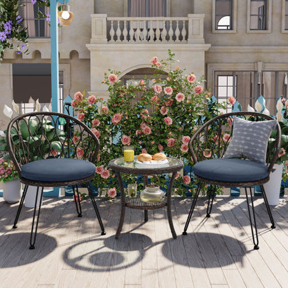 U_STYLE Outdoor Leisure Set, 2 Rattan Single Chairs with A Glass Round Table, Perfectly Suited for Patios, Balconies, and Courtyards