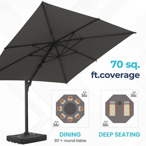 10 Ft Gray Square Large Cantilever Patio Umbrella with 360° Rotation & Tit Adjustment and Heavy Duty Offset Polyester Canopy Deck Umbrella without base.