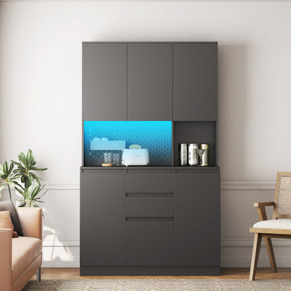 74 Inch Kitchen Pantry Cabinet with Hutch Drawers and Charging Station Black