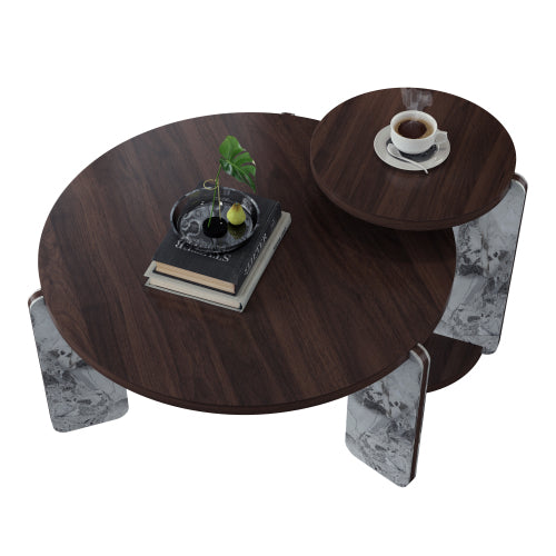 2-Piece Nesting Coffee Table Set, Walnut Veneer MDF Top with Sintered Stone Legs & Base