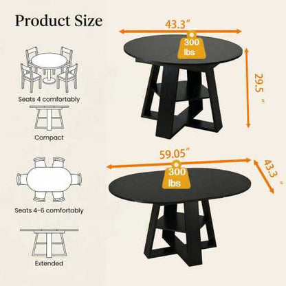 Extendable Round Dining Table for 4-8, Modern Oval Kitchen Table with Storage Shelf, Black