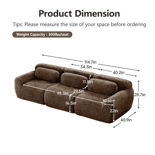 114 inch  Chocolate Plush Modular Sectional Sofa,Buckle Connection,No Assembly,Throw Pillows