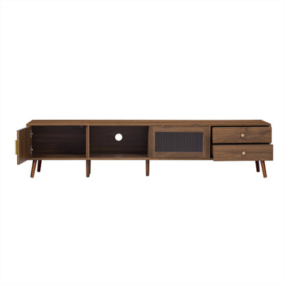 76 Inch Modern TV Stand with Glass Doors Wood Grain Media Console