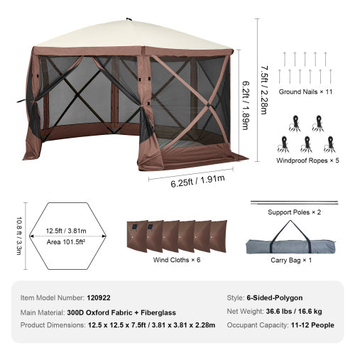 Pop Up Gazebo Tent, Pop-Up Screen Tent 6 Sided Canopy Sun Shelter with 6 Removable Privacy Wind Cloths & Mesh Windows, 12.5x12.5FT Quick Set Screen Tent with Mosquito Netting, Brown