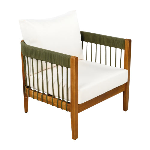 Acacia Wood Outdoor Club Chair with Handwoven Rope Accents & Curved Backrest - Water-Resistant Boho Patio Lounge Chair with Removable Cushions for Porch, Garden