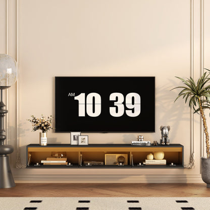 Black Wall Mount High Gloss Floating TV Cabinet with Touch LED Strip & Power Outlet