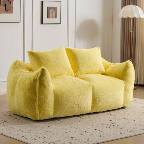 Yellow Oversized 2-Seater Fluffy Rabbit-Fabric Bean Bag Sofa with Pillows