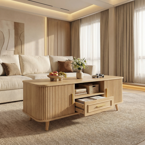 Mid-Century Modern Natural Wood Coffee Table with Tambour Doors & Multi Storage Compartments