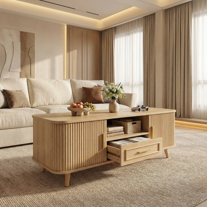 Mid-Century Modern Natural Wood Coffee Table with Tambour Doors & Multi Storage Compartments