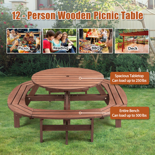 10-12-person Round Outdoor Wooden Picnic Table for Patio, Backyard, Garden, DIY with 1 Built-in Ring Stool, 500-lb Weight Capacity - Walnut Brown