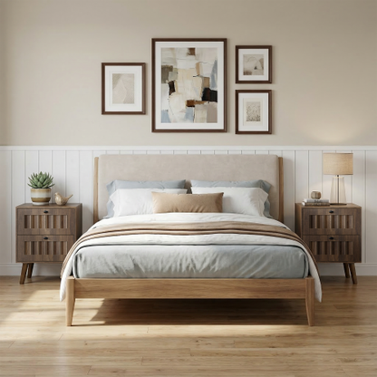 2-Pack Walnut Medieval Retro Nightstand, 2 Drawers with Solid Wood Legs & Silent Slides