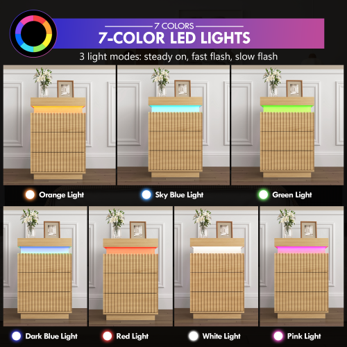 2 Pack Natural Nightstand, Sliding Top Charging Station & RGB LED with Fluted Drawers