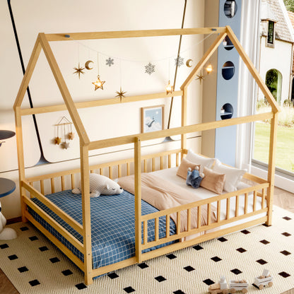 Full Size Floor Wooden Bed with House Roof Frame, Fence Guardrails,Natural