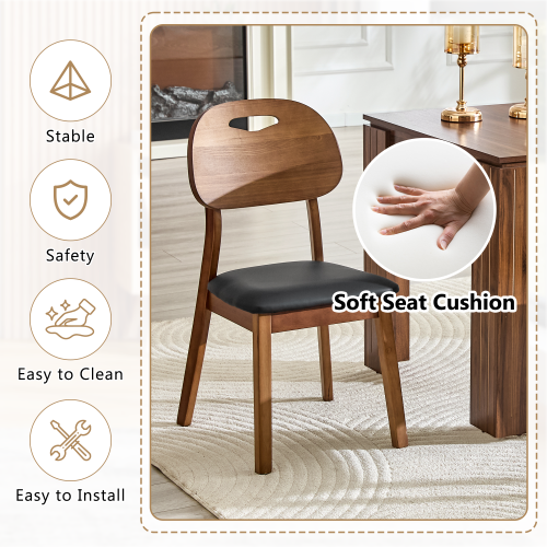 Set of 2 Walnut Solid Wood Dining Chairs, Hollow Back Chairs with Black PU Seat Cushion
