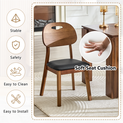 Set of 2 Walnut Solid Wood Dining Chairs, Hollow Back Chairs with Black PU Seat Cushion