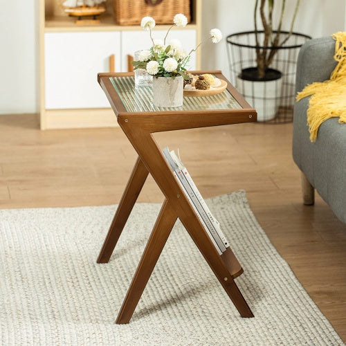 Boho Rattan Bamboo Glass Side Table with Storage, Brown